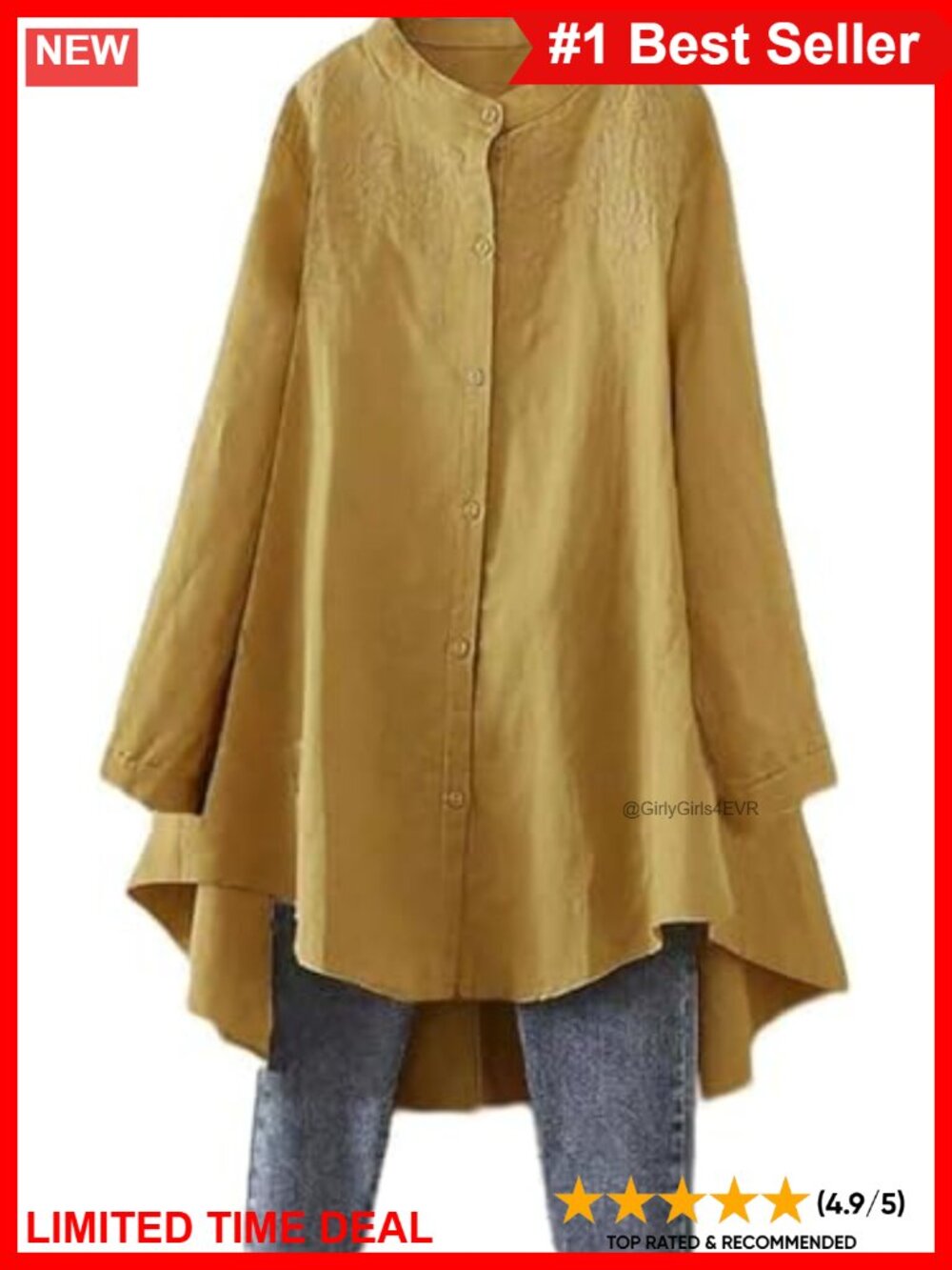Cotton Linen Button Down Tunic Blouse High Low Hem Embroidered Long Sleeve